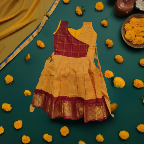 Sungudi Cotton Frock - Gold Yellow & Red